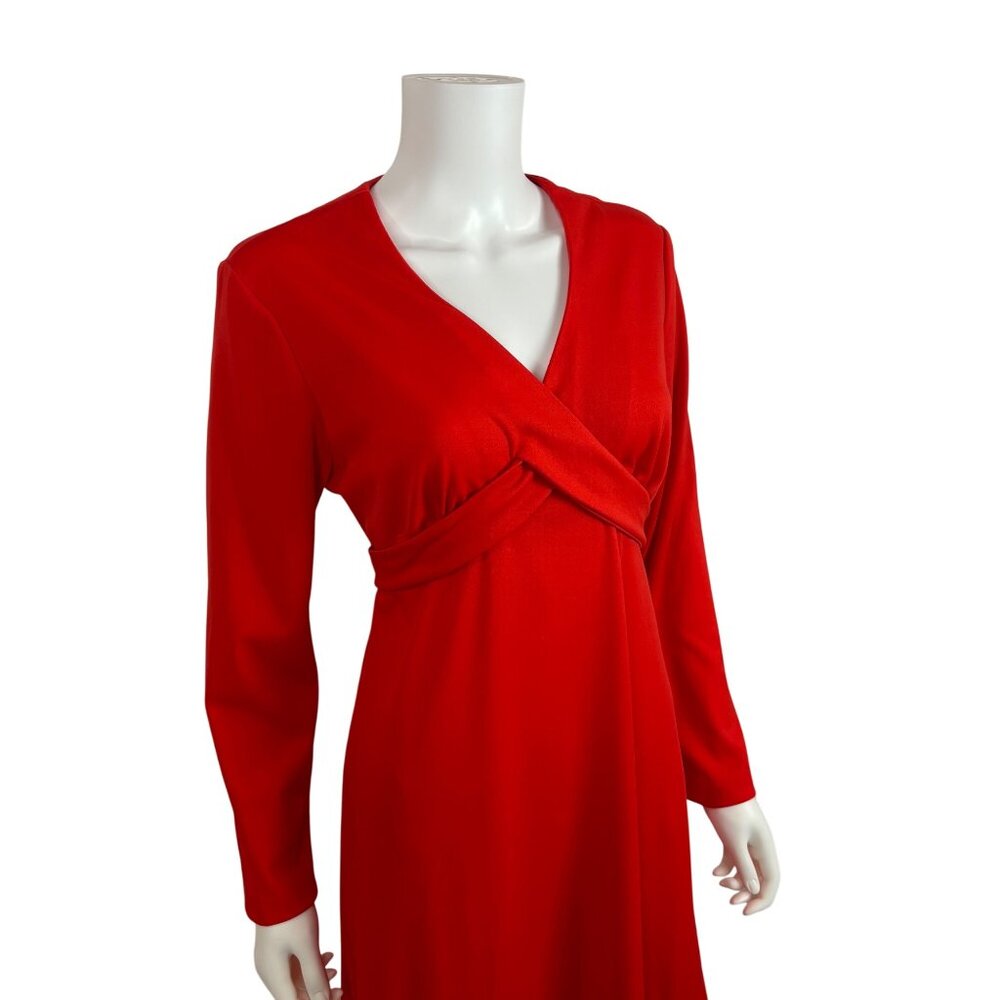 Vintage 70s Maxi Dress Womens M Red Faux Wrap Cross Tie Long Sleeve Polyester - Picture 4 of 10